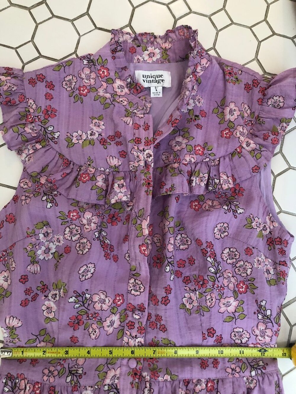 Unique Vintage Lavender Floral Ruffle Midi Dress - Picture 4 of 5